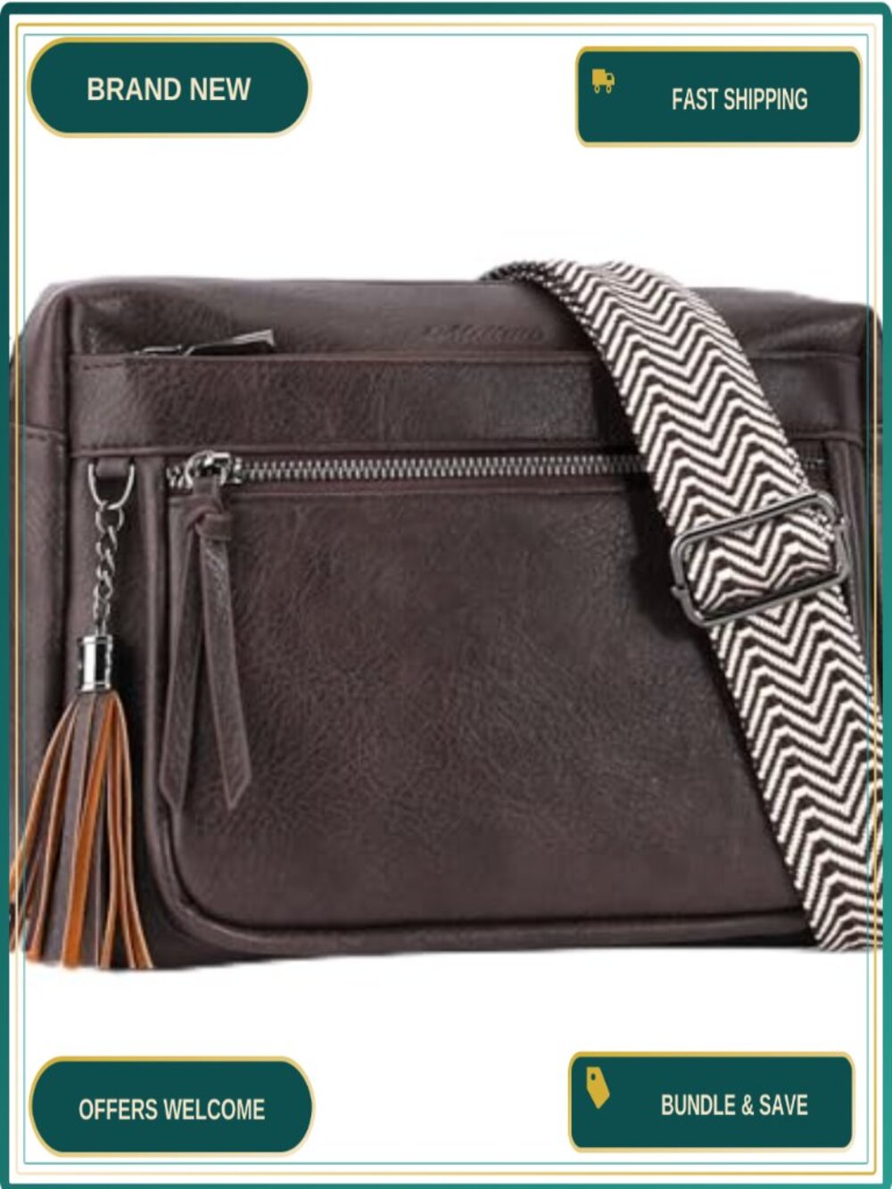 Vegan Leather Crossbody Bag Multi Zip Pockets Adjustable Strap Tassel